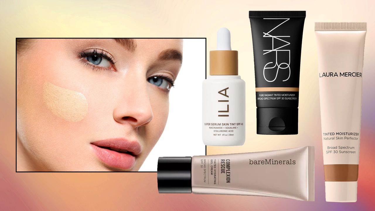 Collage of tinted moisturizers by Ilia, Bare Minerals, and Nars with photo of woman with makeup overlaid on gradient background