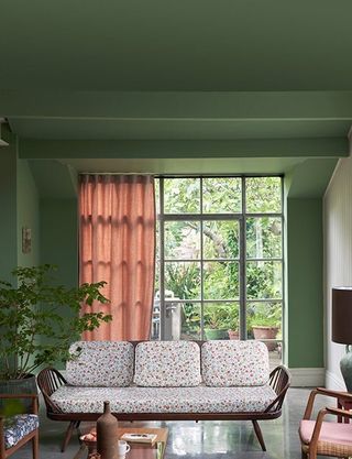 A living room in deep green