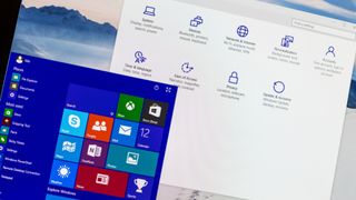 Windows 10 main screen with start menu and settings folder