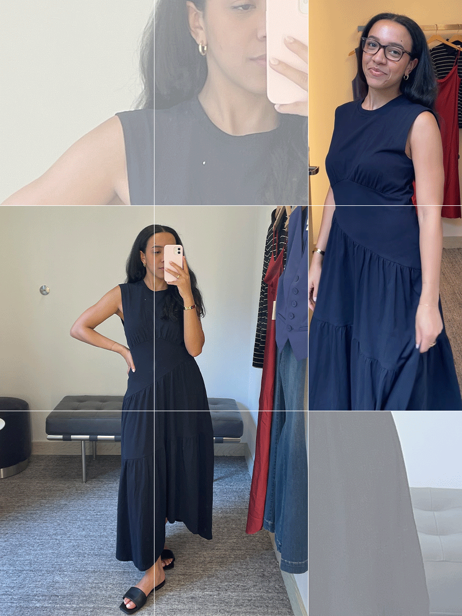 Editor Wearing Navy Frame Dress