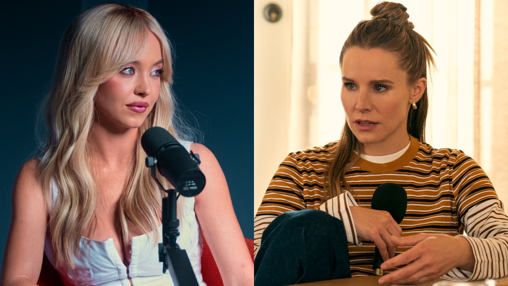 From left to right: A side by side of Sydney Sweeney talking into a micorphone on Euphoria and Kristen Bell holding a microphone in Nobody Wants This. 