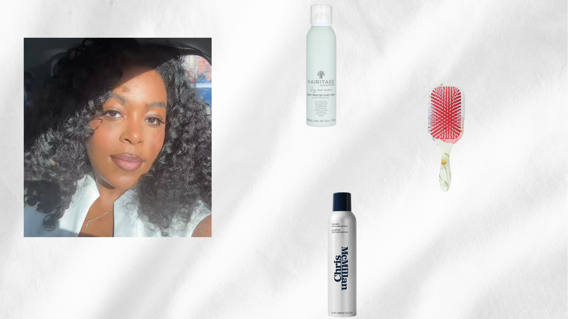 Ariel Baker headshot on a white back ground with hair products floating around the image