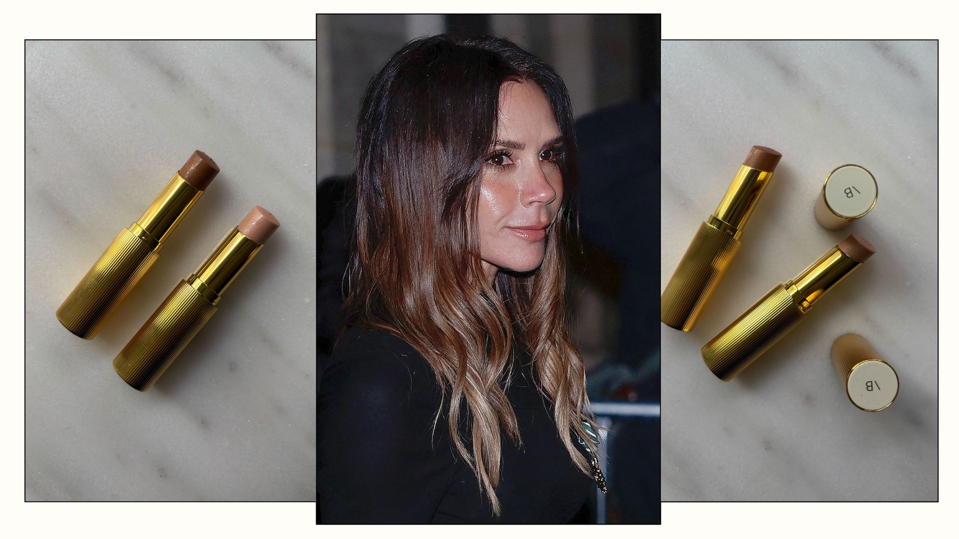 A collage of the Victoria Beckham Beauty highlighter stick and Victoria Beckham with glowing skin