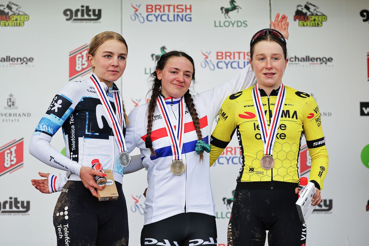 Picture by Alex Whitehead/SWpix.com - 12/01/2024 - Cycling - British Cycling Lloyds Cyclo-cross National Championships 2025 - Cyclopark, Gravesend, Kent - Elite Female Podium - Xan Crees (Spectra Racing p/b DAS) on the podium receiving the Gold Medal to become National Champion, Cat Ferguson (Movistar Team) receiving the Silver Medal and Imogen Wolff (TEAM VISMA - LEASE A BIKE) receiving the Bronze Medal