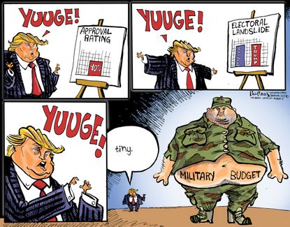 Political Cartoon U.S. Trump huge hands approval rating votes tiny military spending