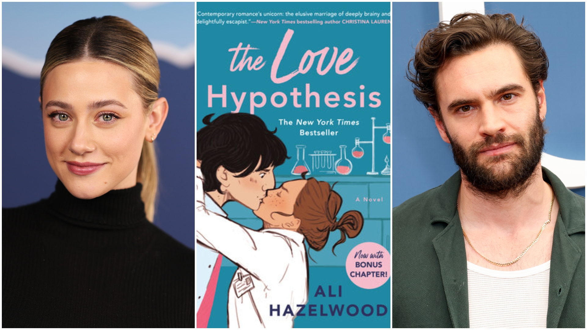 A three-split image of Lili Reinhart (left), Tom Bateman (right), and the paperback cover for the book &#039;The Love Hypothesis&#039; by Ali Hazelwood.