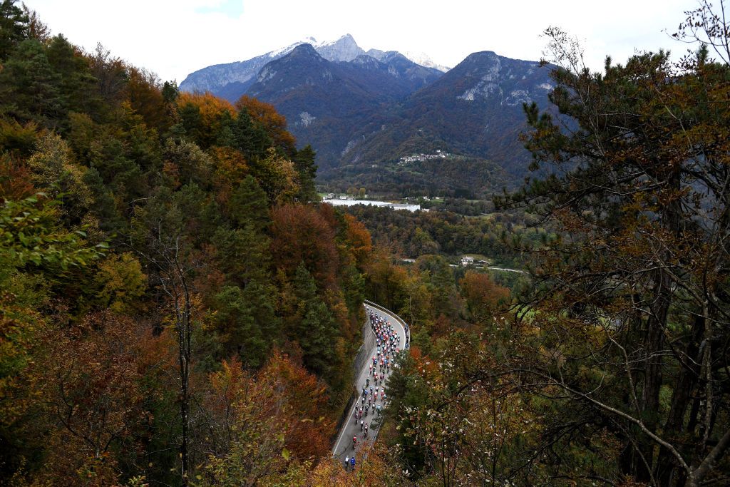 PIANCAVALLO ITALY OCTOBER 18 Ponte sul Tagliamento 512m Peloton Landscape Mountains during the 103rd Giro dItalia 2020 Stage 15 a 185km stage from Base Aerea Rivolto Frecce Tricolori to Piancavallo 1290m girodiitalia Giro on October 18 2020 in Piancavallo Italy Photo by Tim de WaeleGetty Images