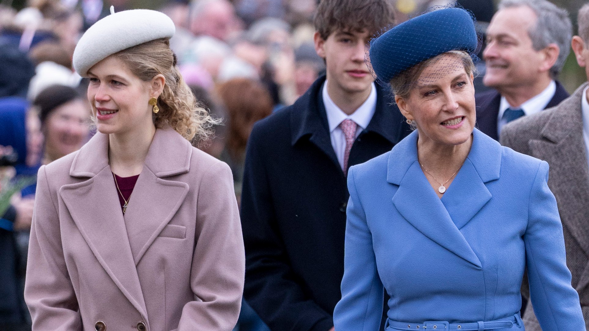 Lady Louise Windsor and Sophie, Duchess of Edinburgh attend the Christmas Morning Service at St Mary Magdalene Church on December 25, 2024