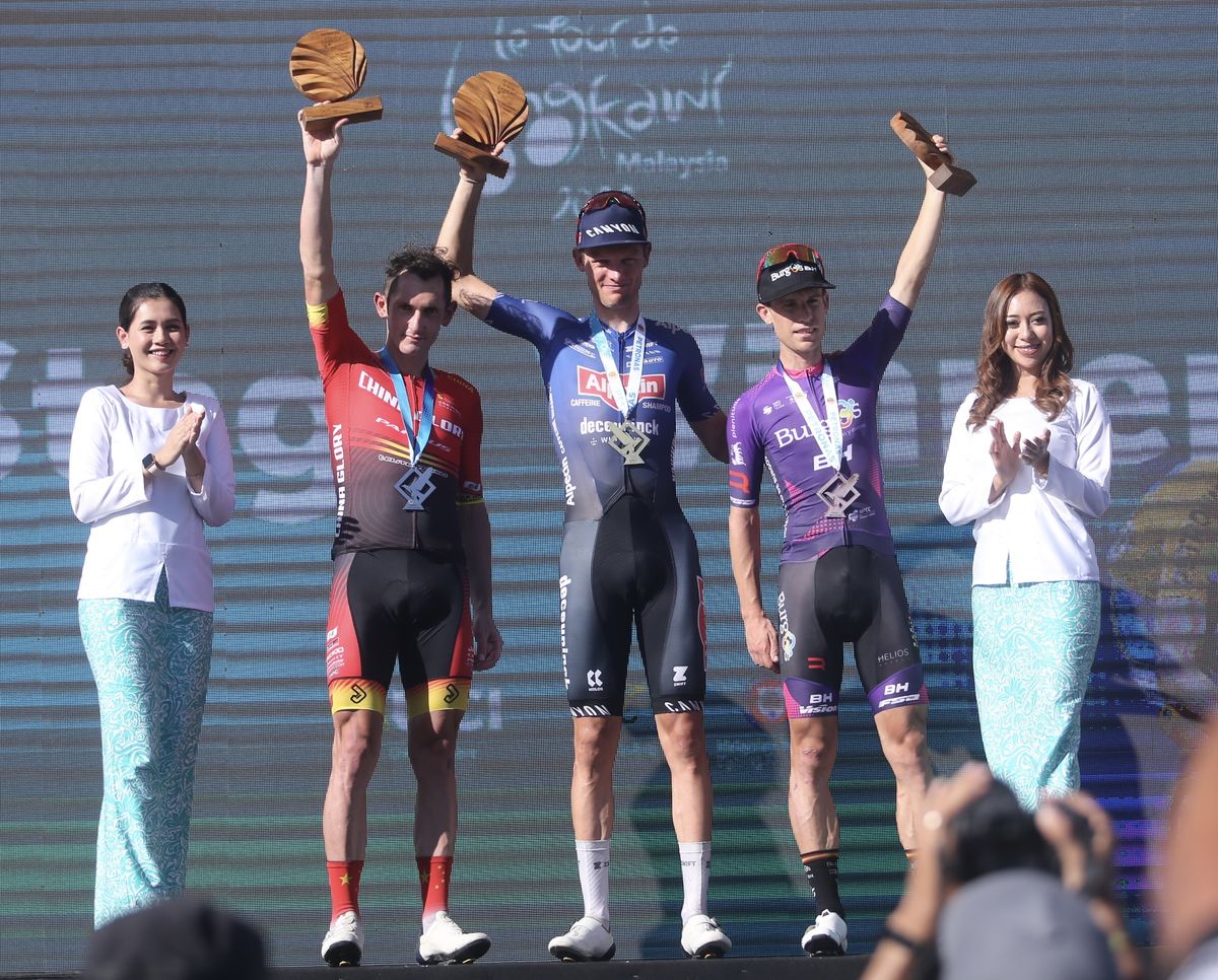Stage 7 podium at Le Tour de Langkawi 2022, first Sjoerd Bax (Alpecin-Deceuninck) , second Willie Smit (China Glory) and third Adria Moreno (Burgo-BH)