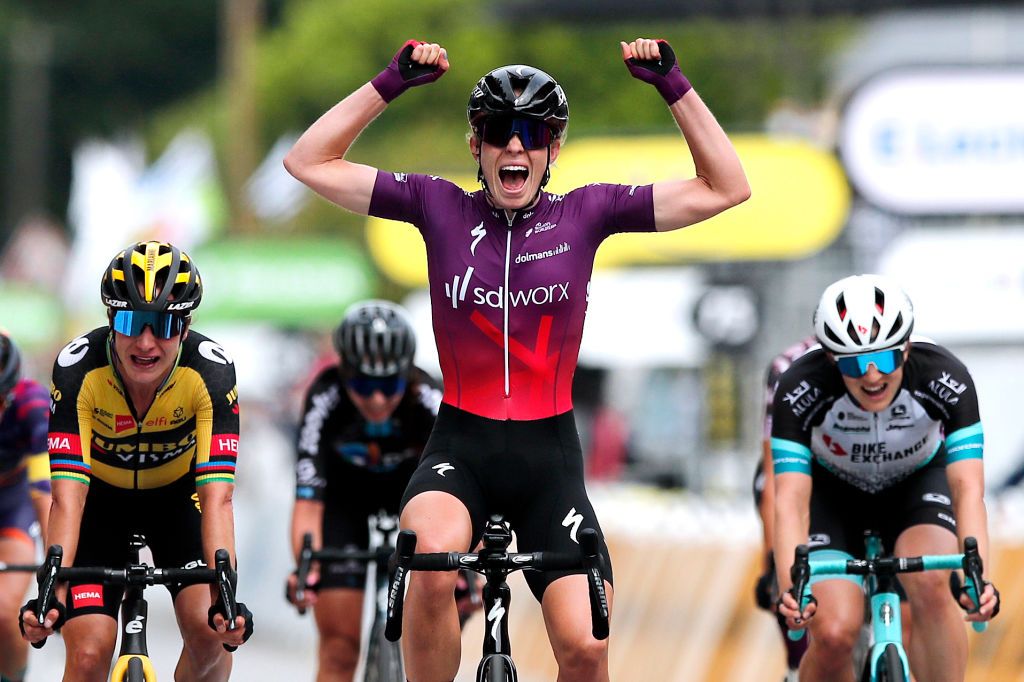 LANDERNEAU FRANCE JUNE 26 Demi Vollering of Netherlands and Team SD Worx stage winner celebrates at arrival Marianne Vos of Netherlands and Jumbo Visma Team Grace Brown of Australia and Team BikeExchange during the 8th La Course By Le Tour De France 2021 a 1077km race from Brest to Landerneau Cte De La Fosse Aux Loups 176m LaCourse LeTour TDF2021 UCIWWT on June 26 2021 in Landerneau France Photo by Christophe PetitTesson PoolGetty Images