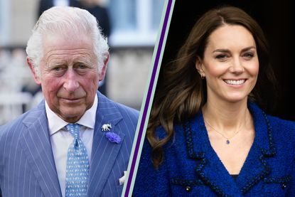 King Charles wearing a blue suit in a side by side template with Kate Middleton who is smiling and wearing a navy blazer