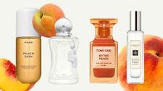 A collage of peach perfumes featured in this roundup, including fragrance product shots from PHLUR, Parfums de Marly, Tom Ford and Jo Malone London/ all featured on a cream template with an overlay of peach fruit images 