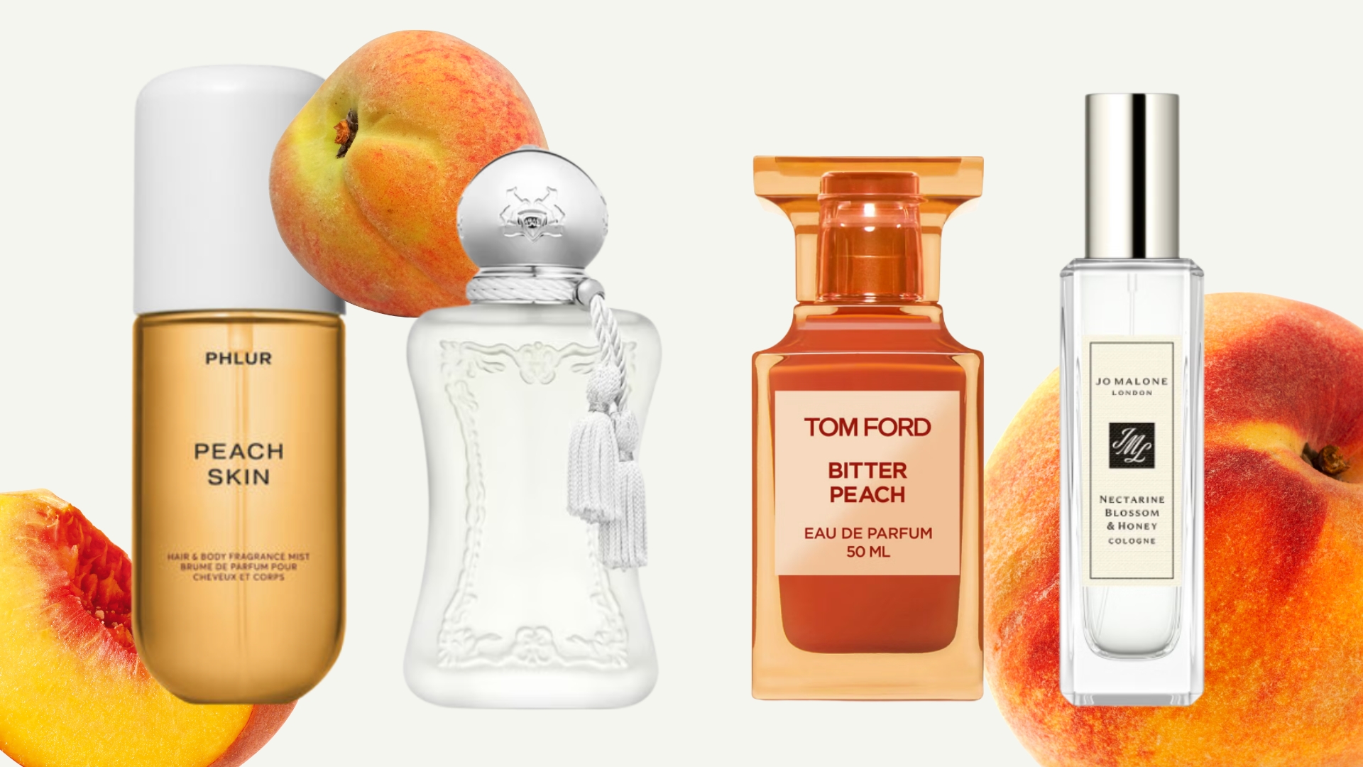 A collage of peach perfumes featured in this roundup, including fragrance product shots from PHLUR, Parfums de Marly, Tom Ford and Jo Malone London/ all featured on a cream template with an overlay of peach fruit images 