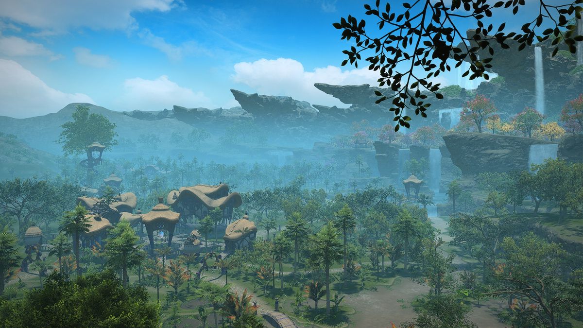 Several screenshots from Dawntrail, displaying the gorgeous vistas held within - rocky alpine terrain and verdant forests with beautiful waterfalls.