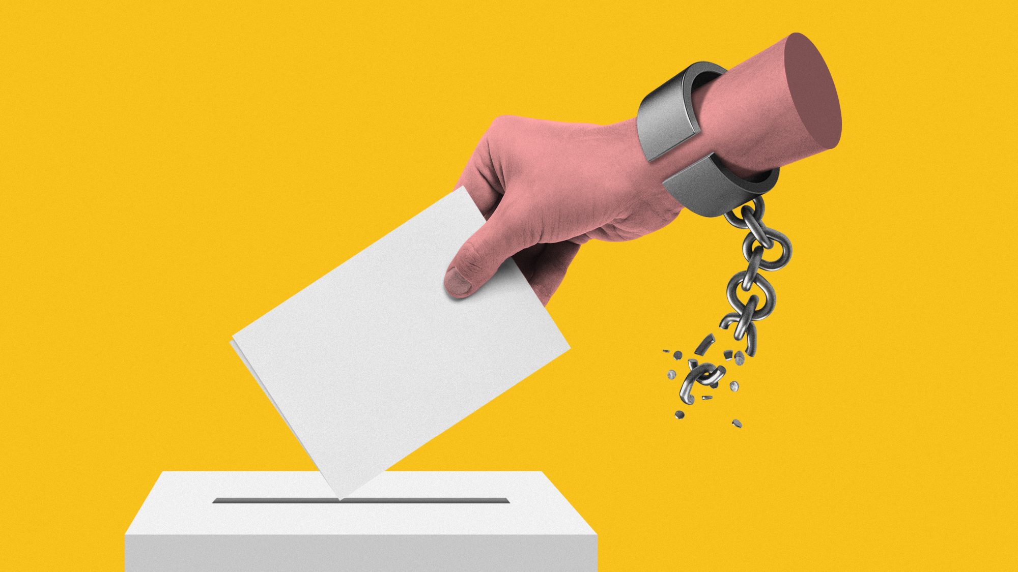Photo illustration of a hand casting a ballot while breaking free of shackles