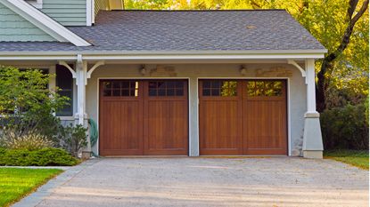 Garage with wooden doors