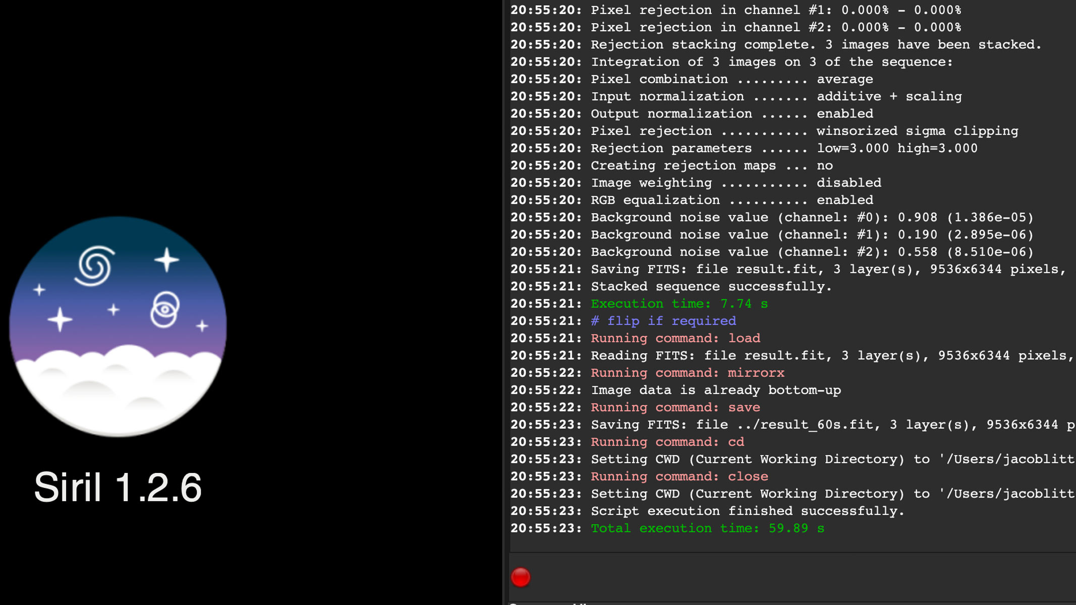 Uma captura de tela do script em execução no software Siril.