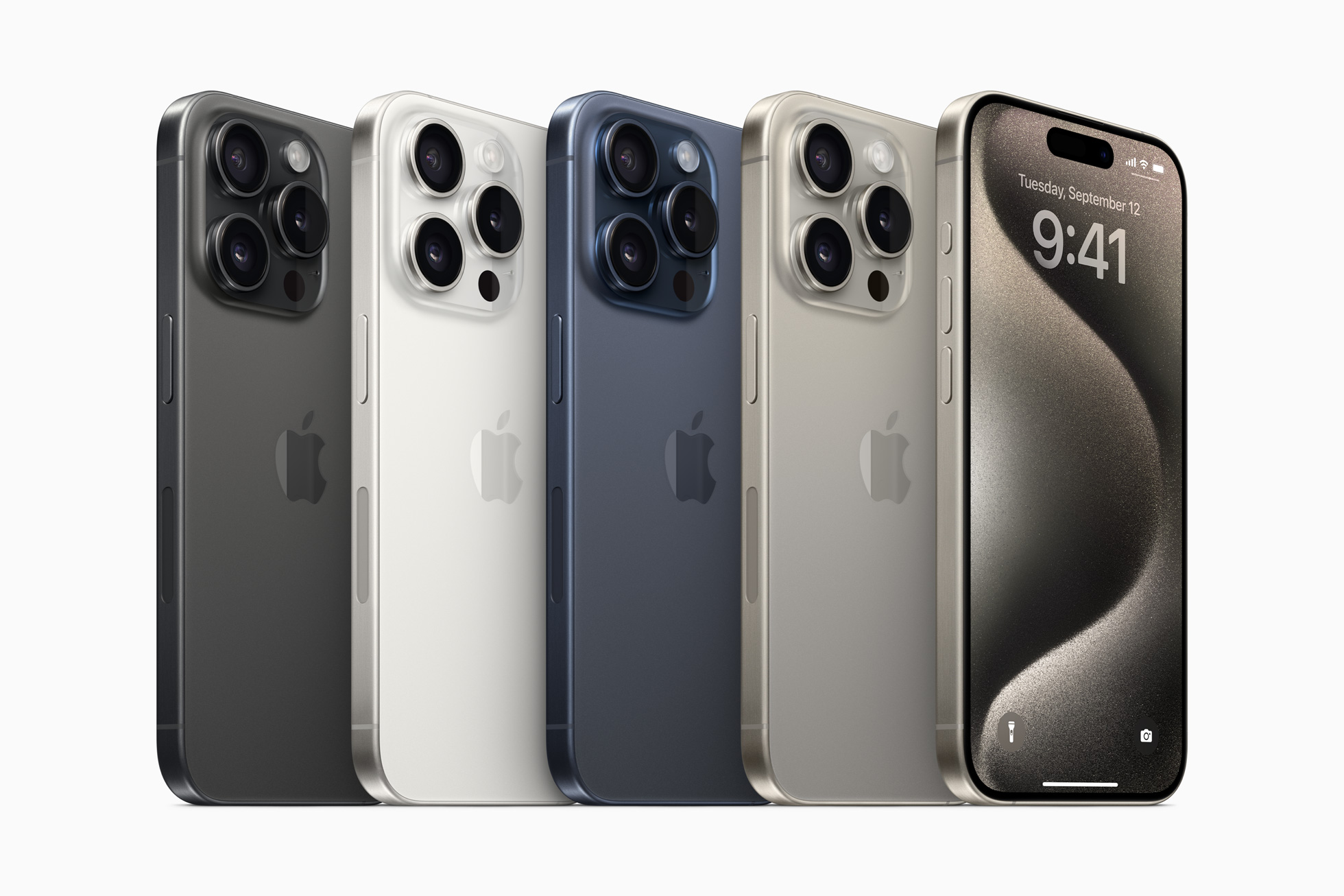 iPhone 15 Pro in black, white, blue and natural titanium.