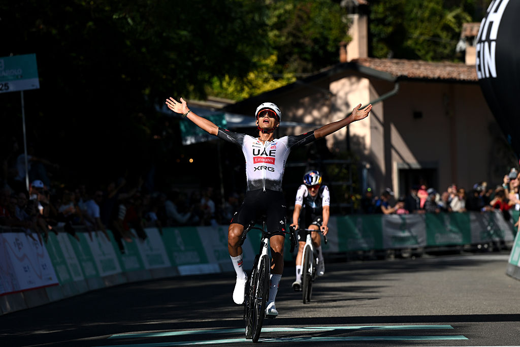 SAN LUCA, ITALY - OCTOBER 04: Isaac Del Toro of Mexico and UAE Team Emirates celebrates at finish line as race winner during the 108th Giro dell&amp;apos;Emilia 2025 a 199.2km one day race from Mirandola to San Luca on October 04, 2025 in San Luca, Italy. (Photo by Dario Belingheri/Getty Images)