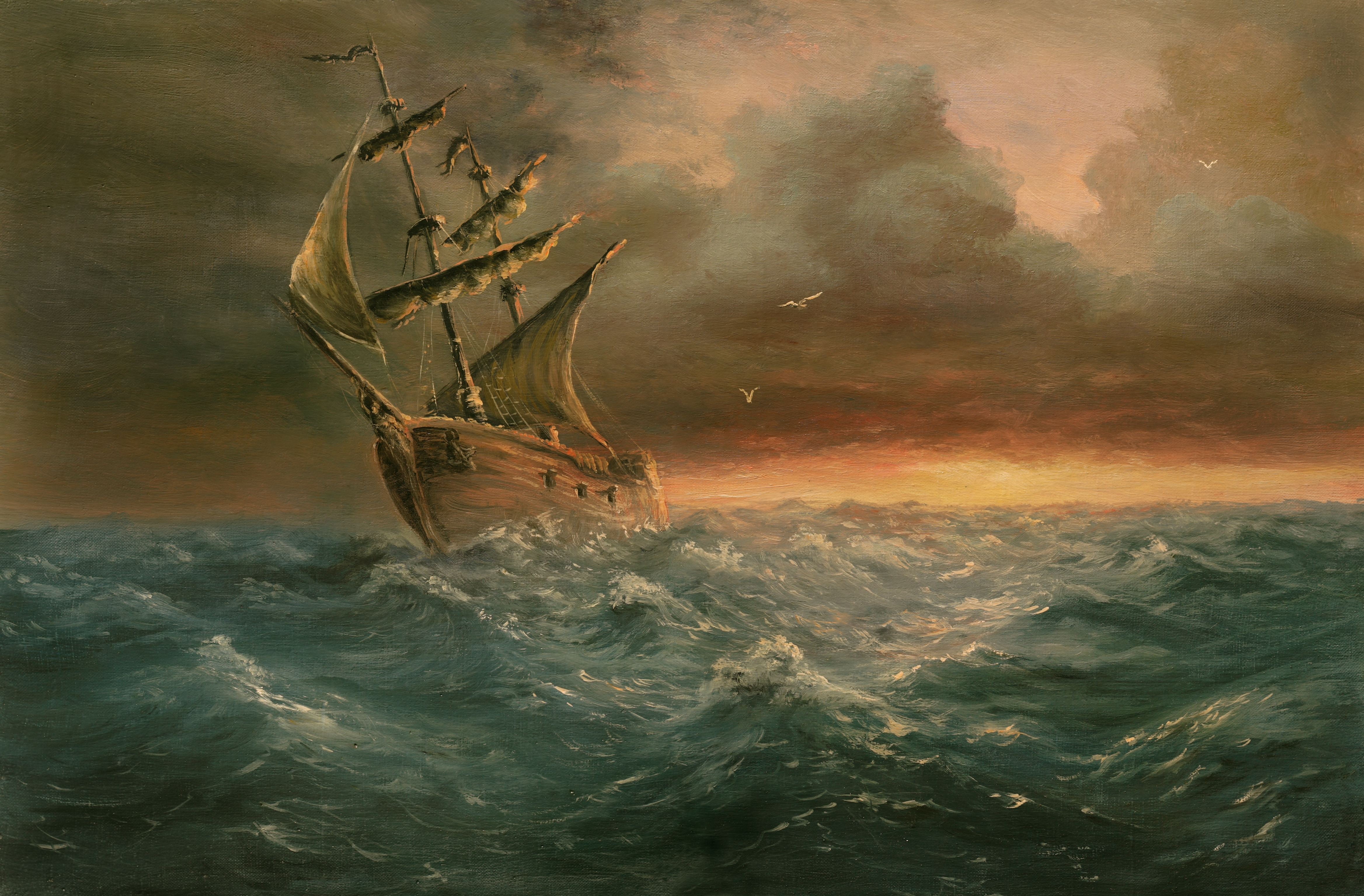 Painting of ship sailing in stormy weather and rough waters