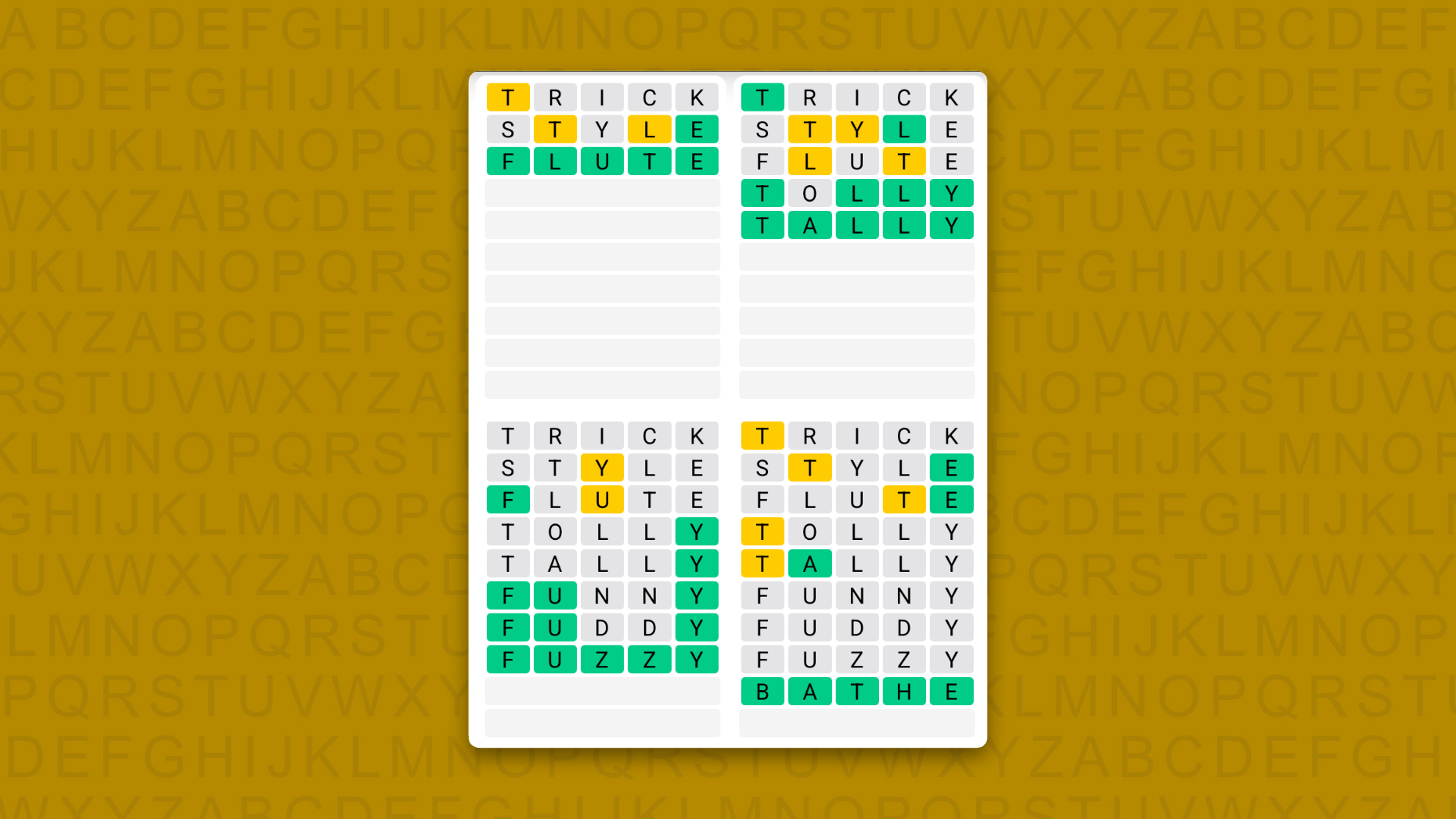 Quordle answers for game 1735 on a yellow background