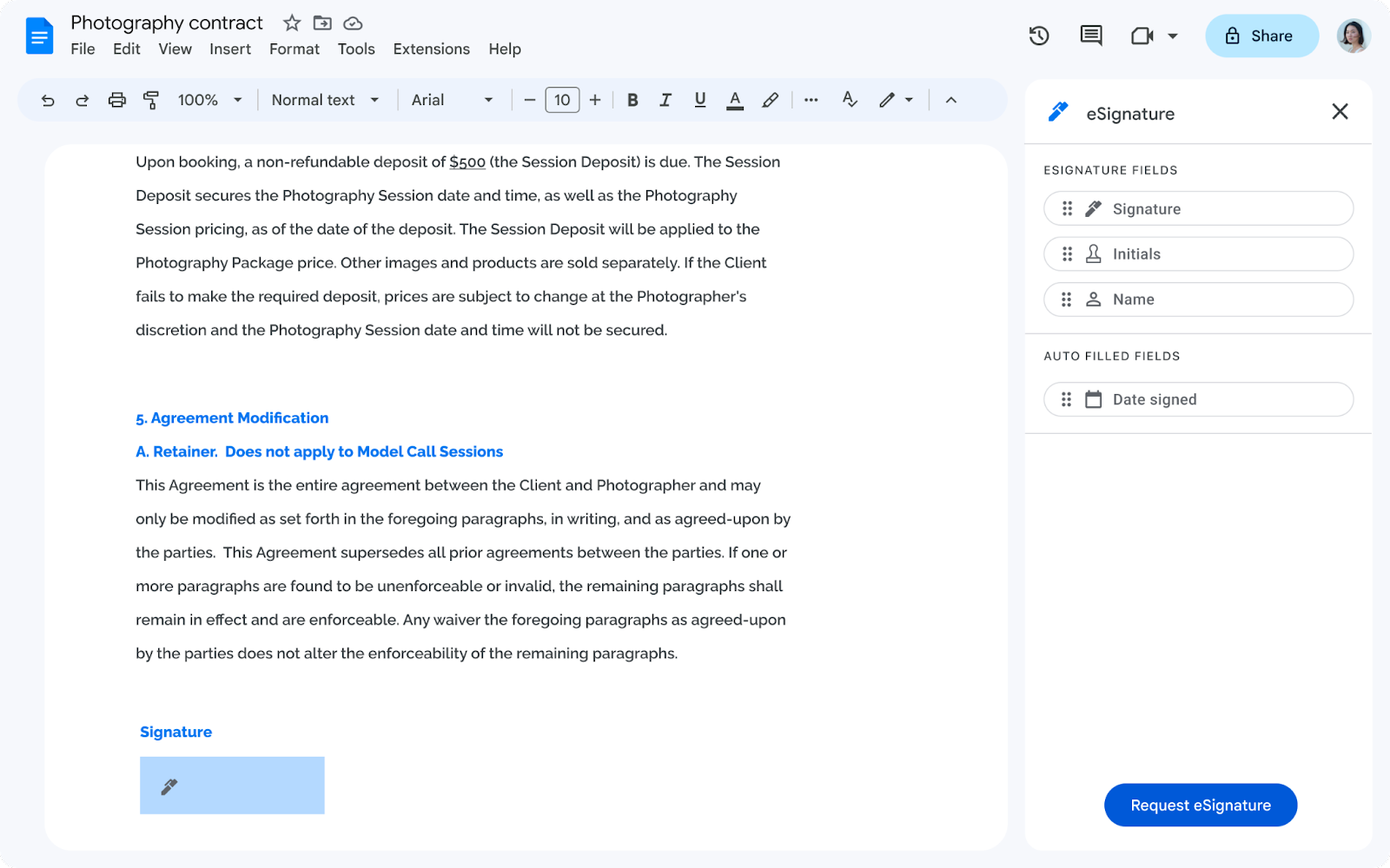 A screenshot of Google Docs with eSignature.