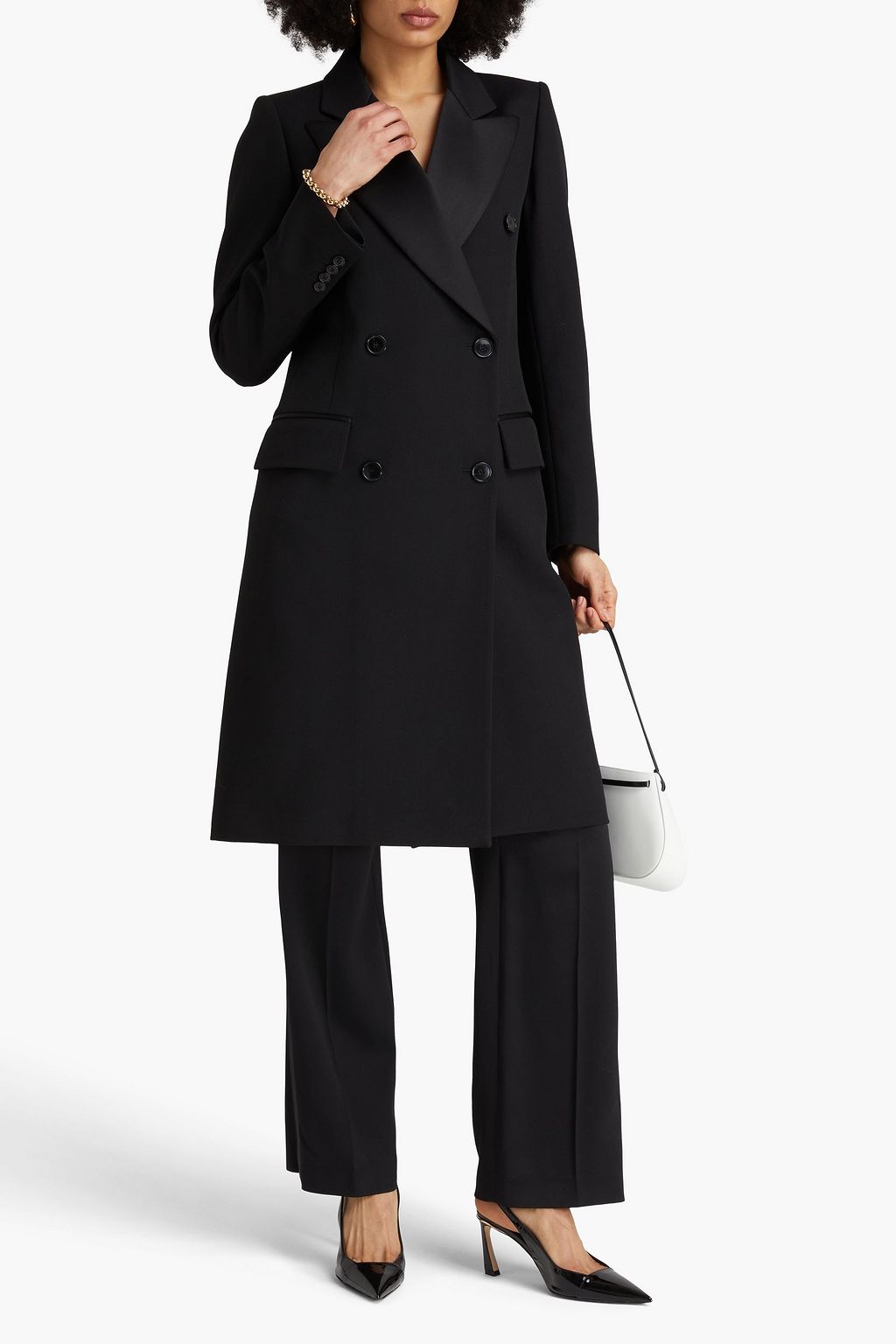 Double-Breasted Satin-Trimmed Grain De Poudre Coat