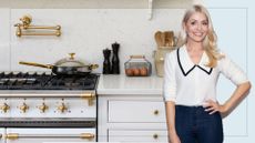 collage of a quiet luxury marble kitchen with a gold pot wash tap above a range cooker with an overlay of Holly Willoughby 