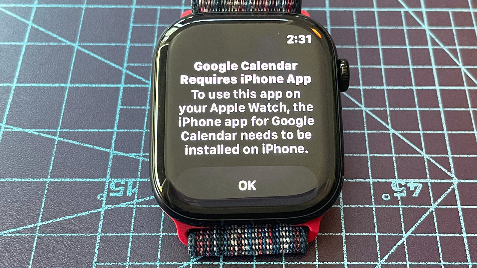 Close up of an Apple Watch Series 10 showing the steps to install the Google Calendar app, including navigating to the app store, searching and downloading the app and syncing it with your iPhone