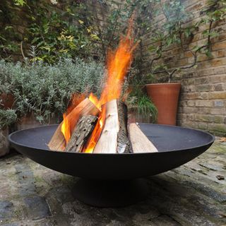 Crocus fire pit with logs and fire in