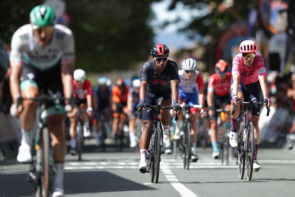 BRIVIESCA SPAIN AUGUST 04 LR Jhonnatan Narvaez Prado of Ecuador and Team INEOS Grenadiers Jens Keukeleire of Belgium and Team EF Education Nippo at arrival during the 43rd Vuelta a Burgos 2021 Stage 2 a 175km stage from Tardajos to Briviesca VueltaBurgos BurgosCycling CapitalMundialdelCiclismo on August 04 2021 in Briviesca Spain Photo by Gonzalo Arroyo MorenoGetty Images