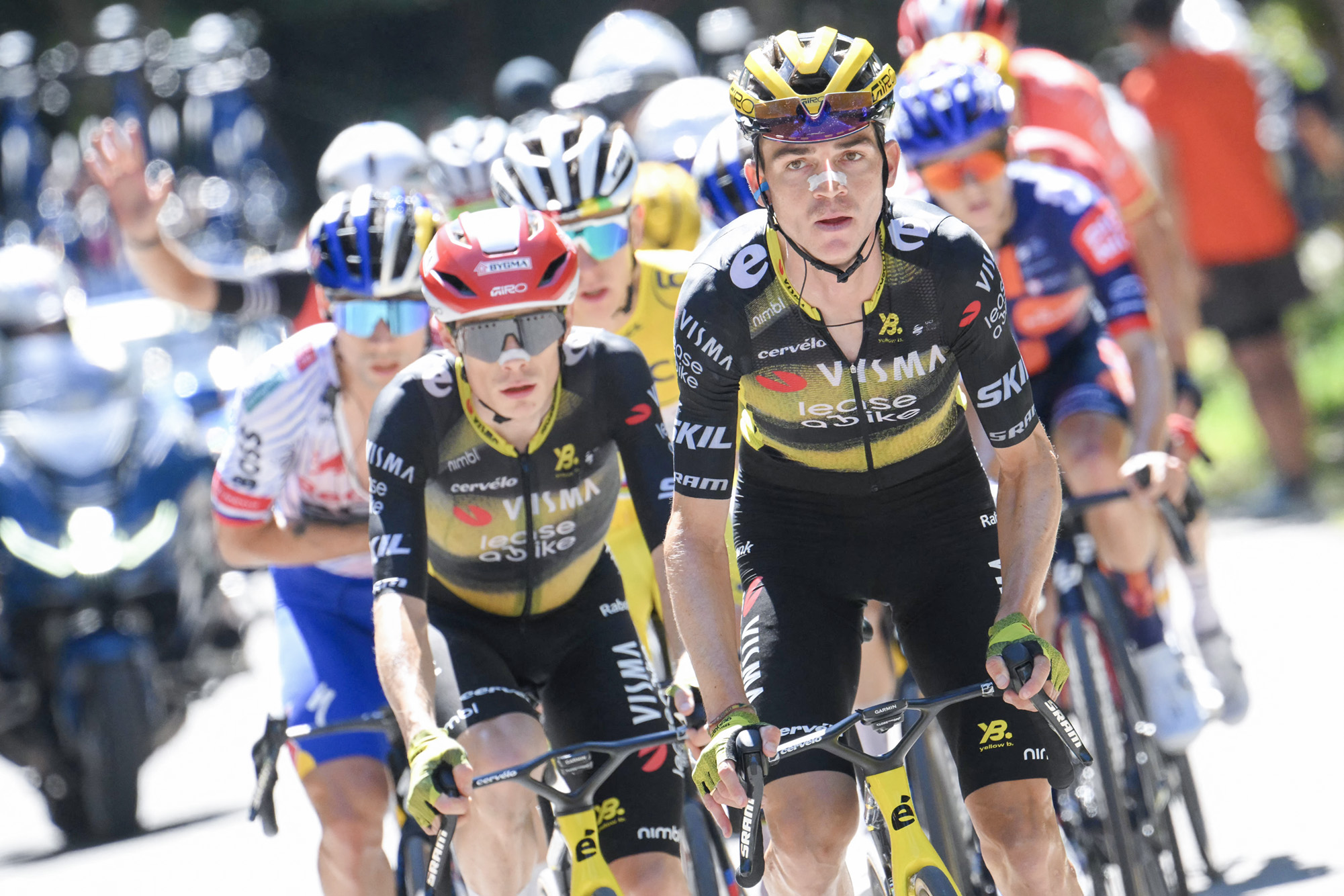 Visma-Lease a Bike riders Sepp Kuss and Jonas Vingegaard lead the peloton on stage 16 of the 2025 Tour de France
