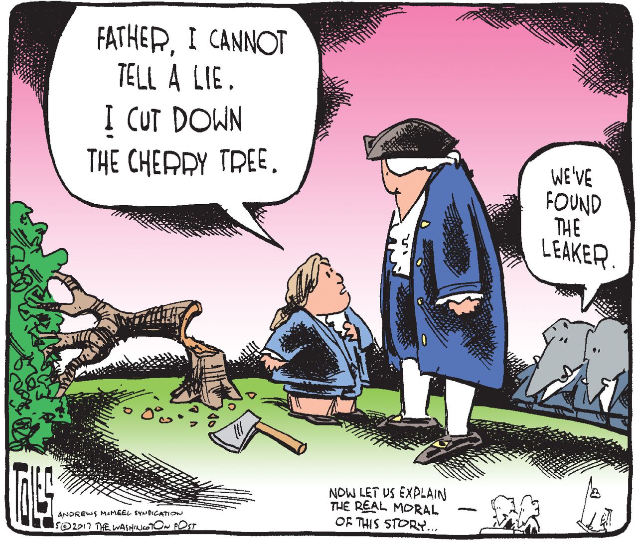 Political cartoon U.S. George Washington cherry tree intelligence leaks