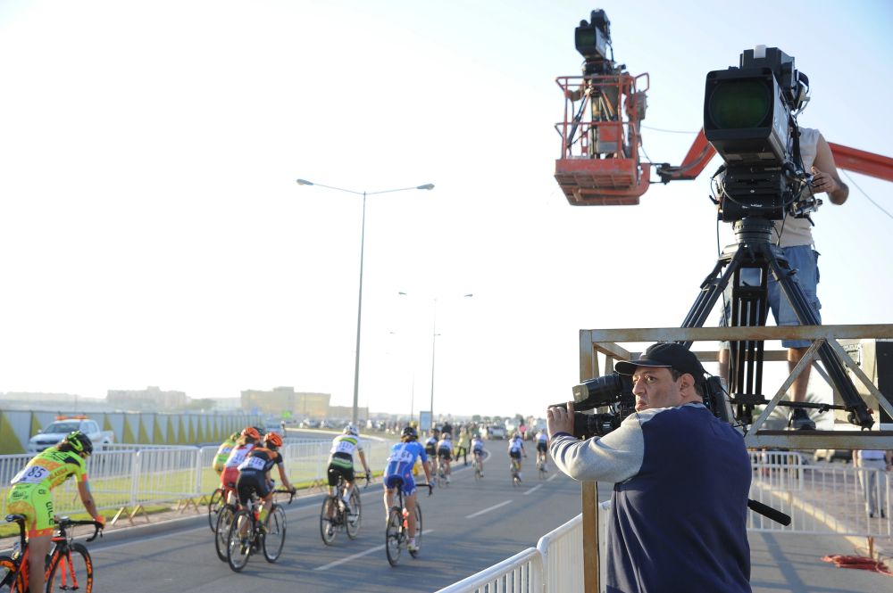 TV crews film stage 3 of the Ladies Tour of Qatar