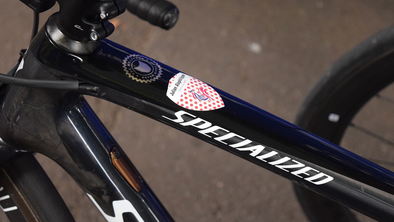Julian Alaphilippe's S-Works Tarmac features a commemorative sticker on the top tube celebrating his polka-dot jersey victory at the Tour de France