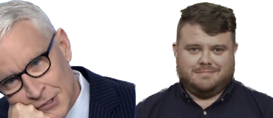 (L to R) Anderson Cooper is leaning into his right hand, Donie O'Sullivan