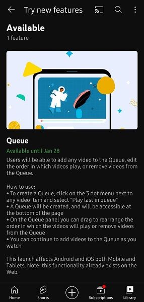 YouTube's queue feature in testing for Android and iOS.