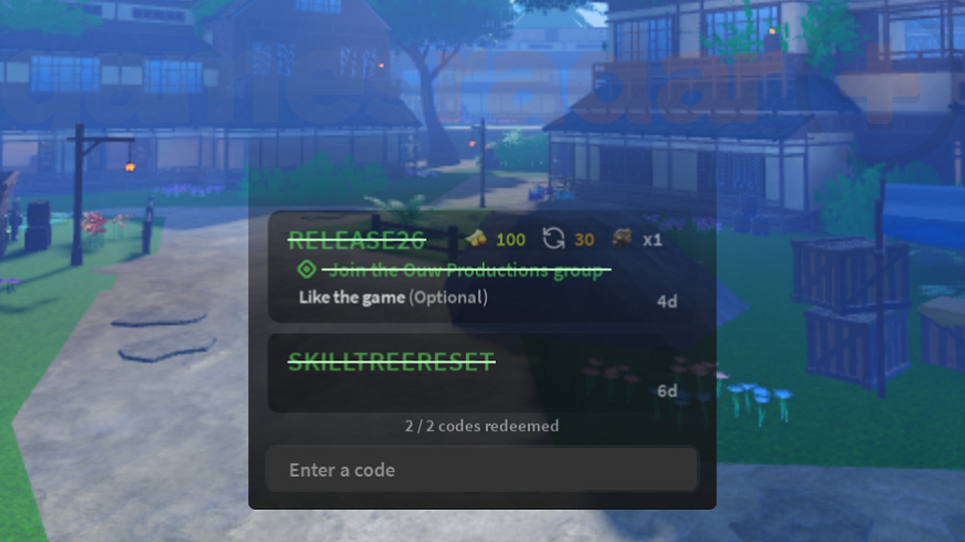 The Slayers 2 codes redemption box as seen in-game.