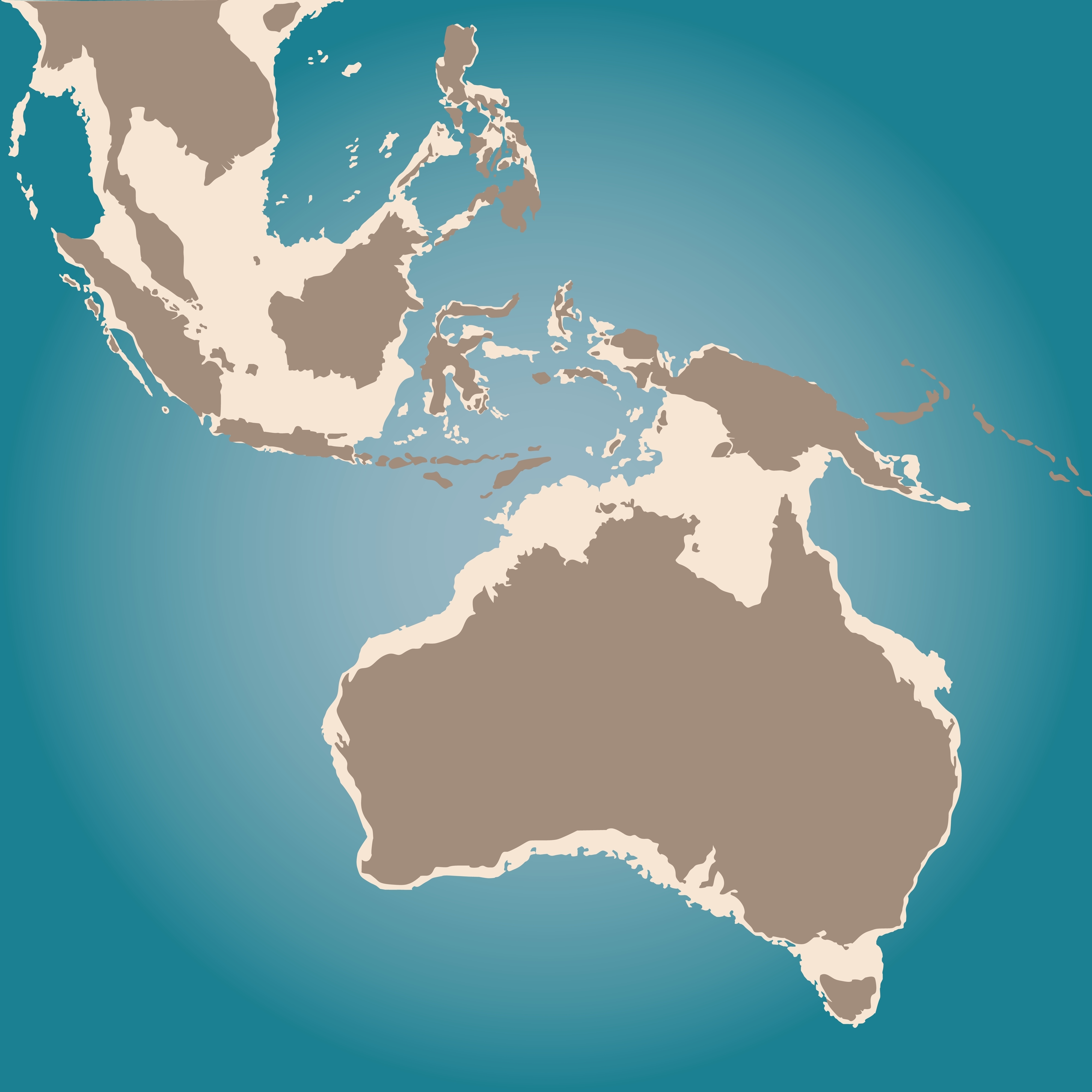 Colored map of Southeast Asia and Australia showing land in light brown and ocean in blue gradient. Highlights Sunda and Sahul shelves.
