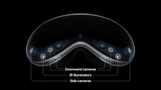 De Apple Vision Pro-headset tegen een zwarte achtergrond