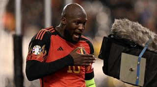 Romelu Lukaku celebrates after scoring for Belgium against Azerbaijan in November 2023.