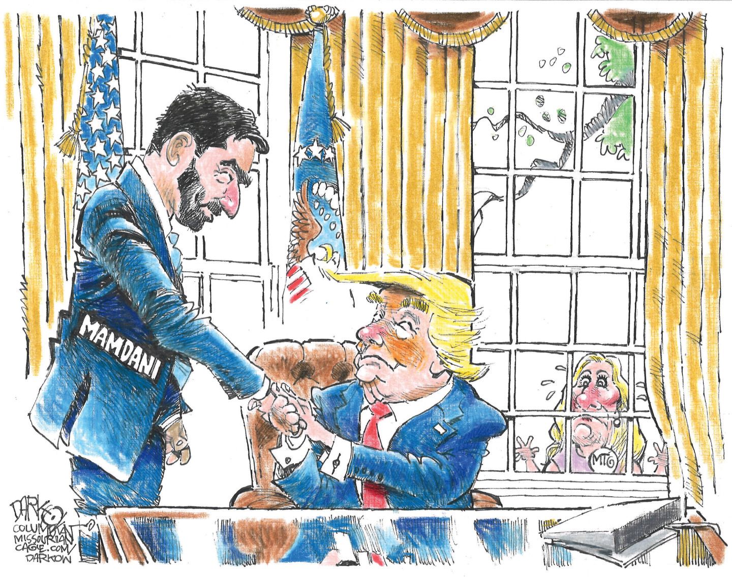 
                                Donald Trump shakes hands with Zohran Mamdani in the Oval Office. A distressed-looking Marjorie Taylor Green is outside the White House looking through the window at Trump and his new friend.
                            