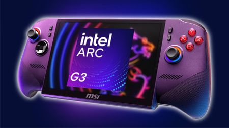 MSI Claw 8 EX AI+ handheld with glowing outline and Intel Arc G3 logo on screen.