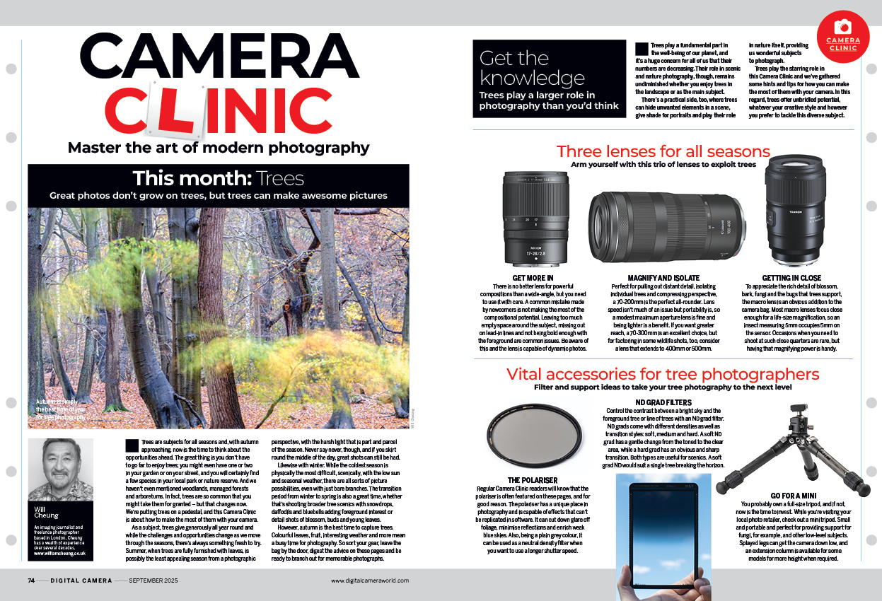 Image showing the first two pages of the Camera Clinic article in issue 298 (September 2025) of Digital Camera magazine, an 8-page masterclass about taking photographs of trees