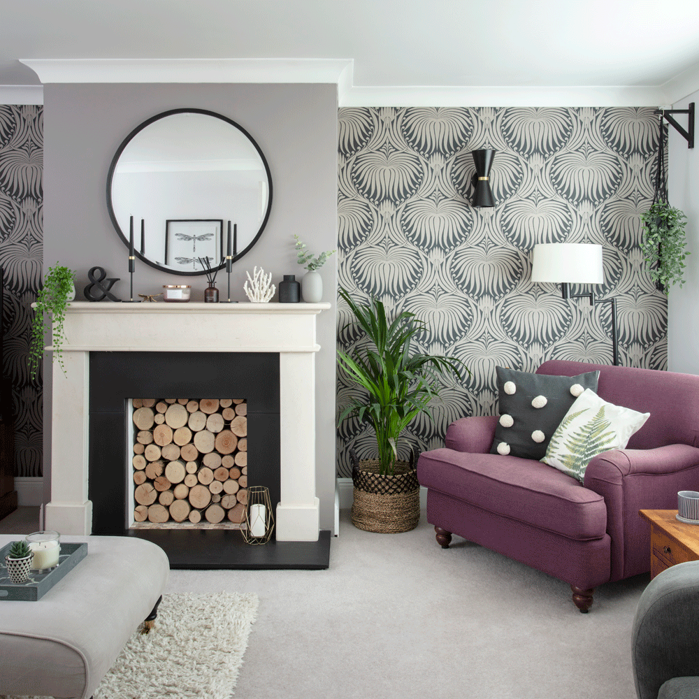 living room with mirror and velvet sofa