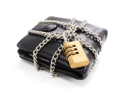 Purse wrapped in a chain with a padlock to signify no spending