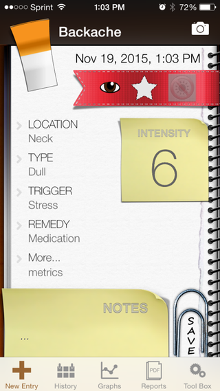 The home screen of the My Pain Diary app