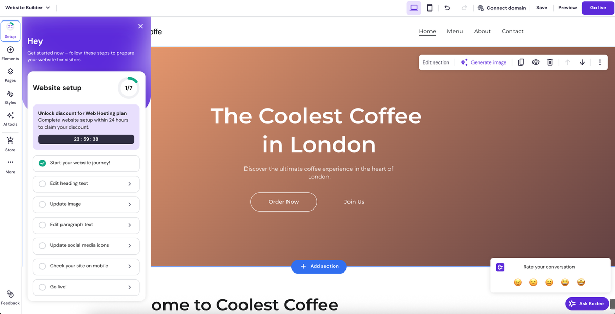 Screeshot of hostinger website builder in use