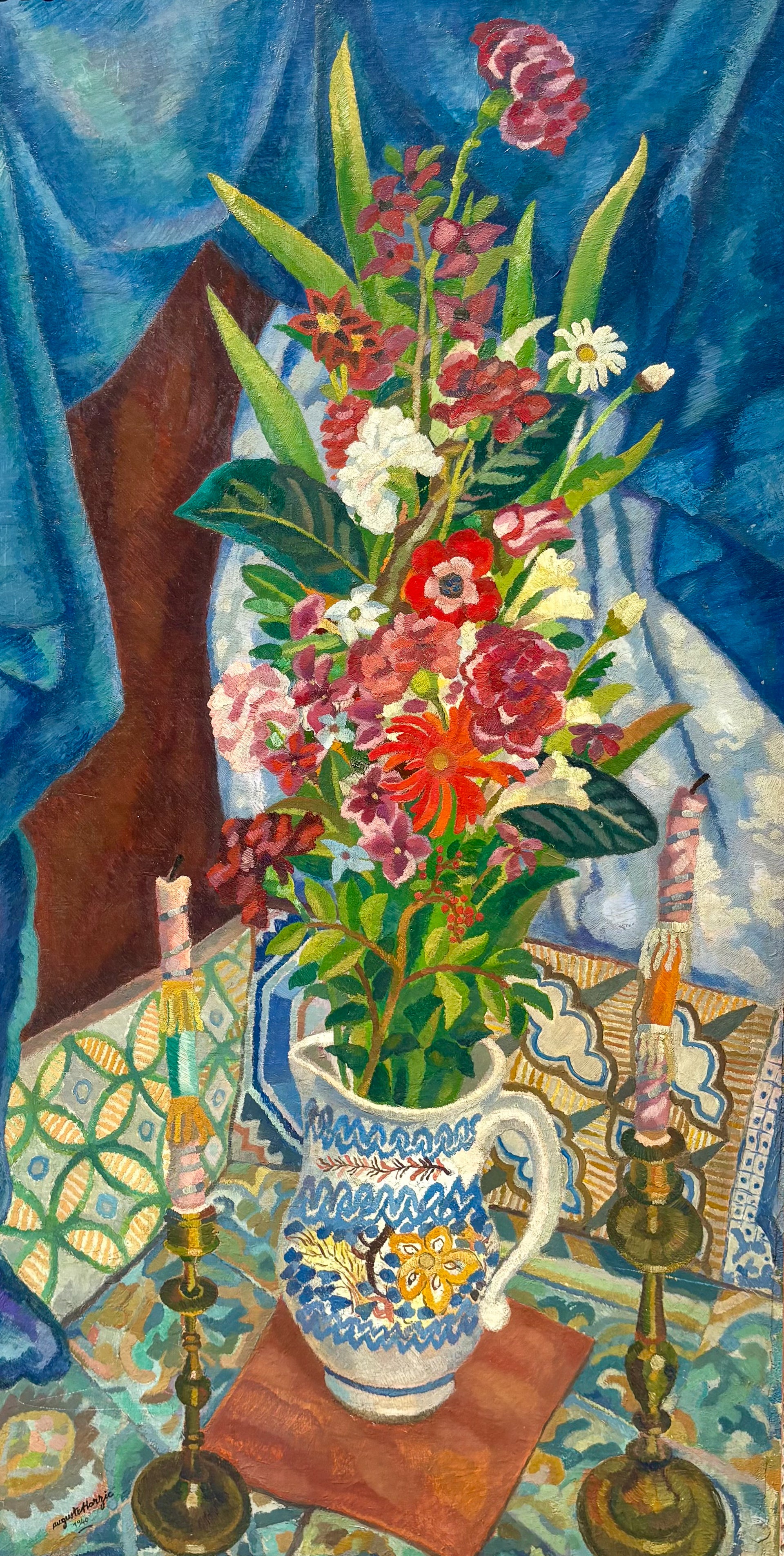 &#039;still Life With Candlesticks and Jug&#039; - 1940&#039;s Oil Painting, Original Gesso Frame