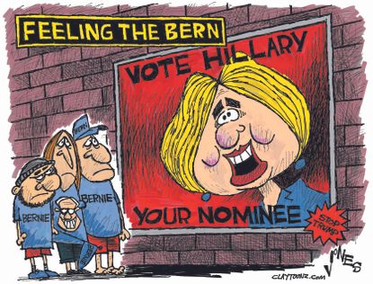 Political Cartoon U.S. Hillary Bernie Decision 2016